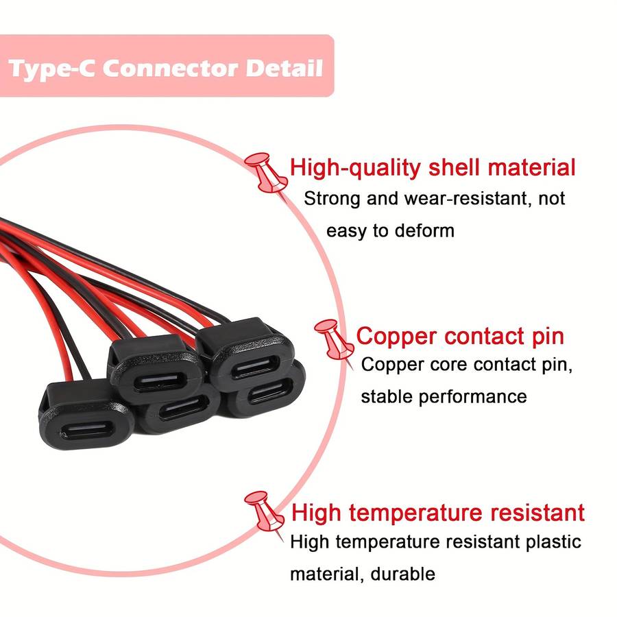 10pcs Type-C Female Chassis 2P Solder Wire Type USB-C Tail Fiber Cable Extension Power Line USB