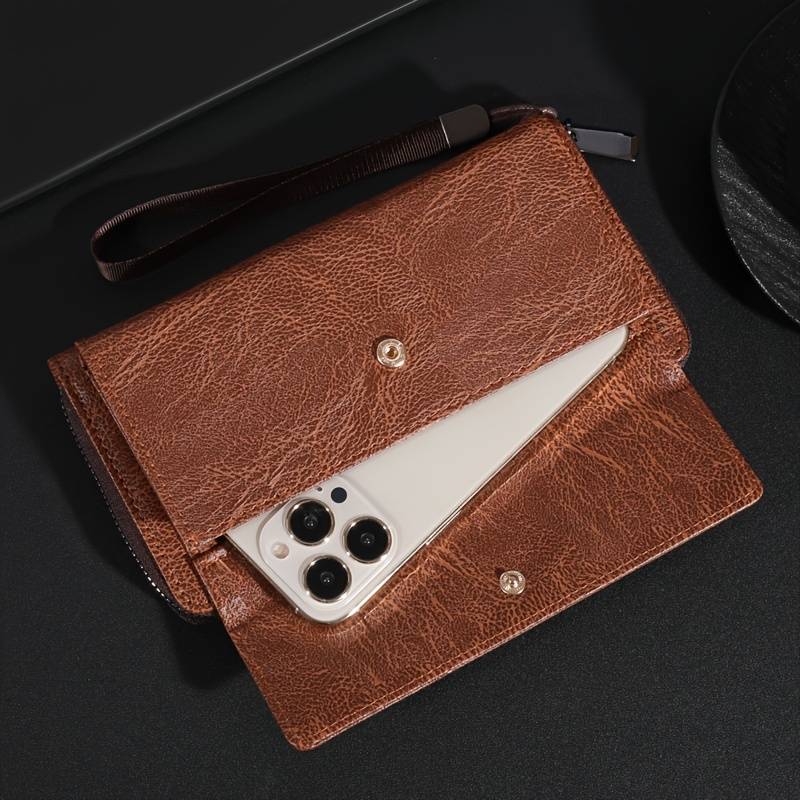 1pc Premium Men's Wallet with Double-Layer Zipper Card HolderClassic Brown Textured Design Sn