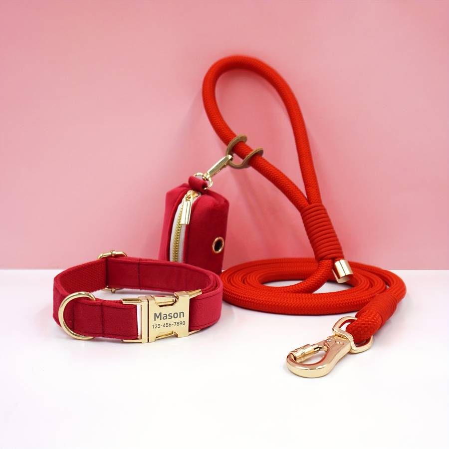 Dog Leash Color 3Piece Red Velvet Round Rope Set Size Xs