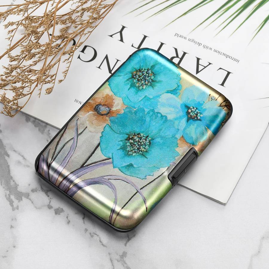 Vintage Blue Flower Mini Rfid Metal Wallet With Buckle Closurebi-Fold Design Polyurethane L