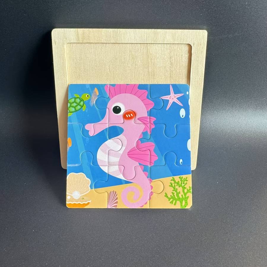 1pc Ocean-Themed Wooden Puzzle Board with Colorful Marine Life Pieces Educational T
