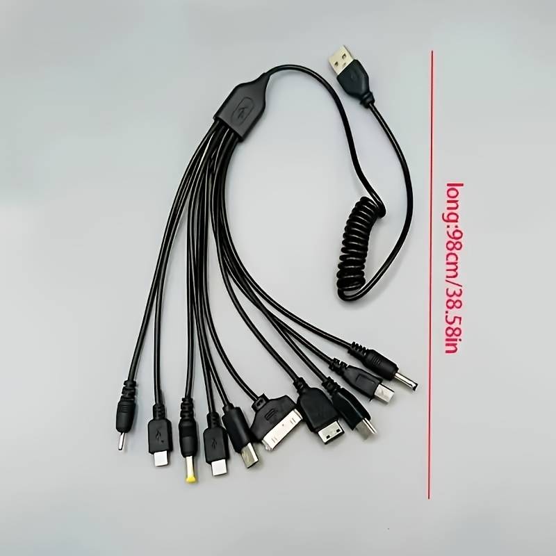 1pc 10in1 Multi-Device USB Charging Cable Hub Black PVC Flat Design with 10 Connectors for Si