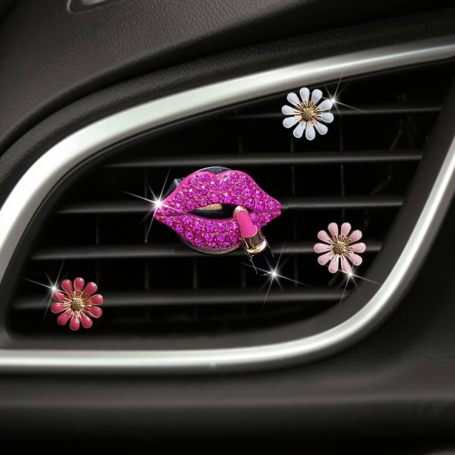 Car Interior Decor Items 4 Pieces 1 Large Red Lip  Add  2 White Flowers  Add  1 Large Red Flower