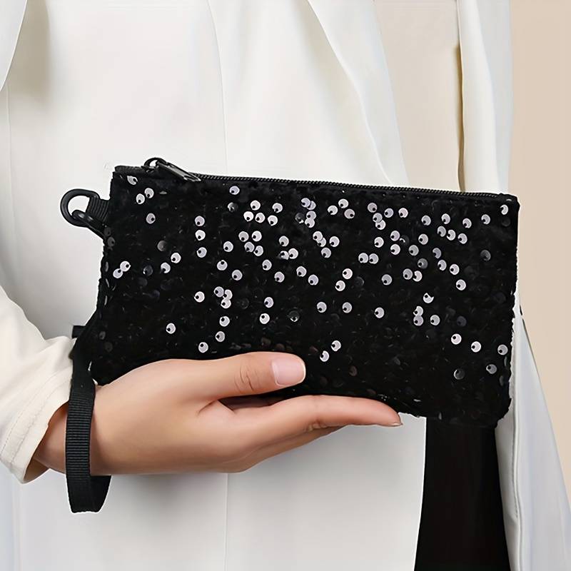 1pc Women's Black Sequin Clutch WalletLong Zippered Phone Bag with Adjustable Strap Stylish Wri