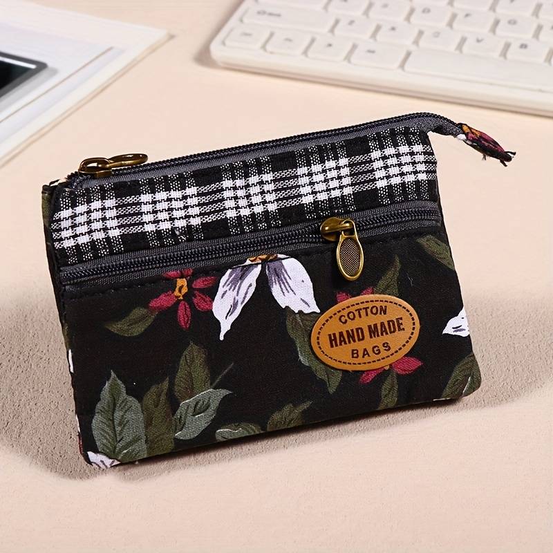 1pc Mini Fabric Coin Purse Flower Pattern Card Holder Multi Layer Change Pouch Wallet