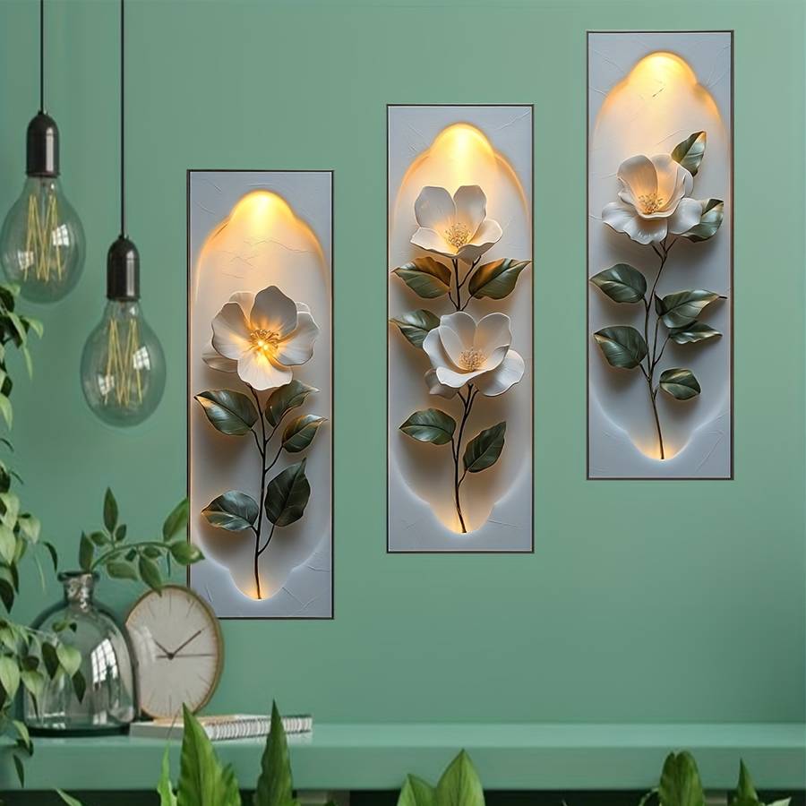 3Pcs Elegant White Magnolia Flower Pattern Art Wall Stickers Modern For