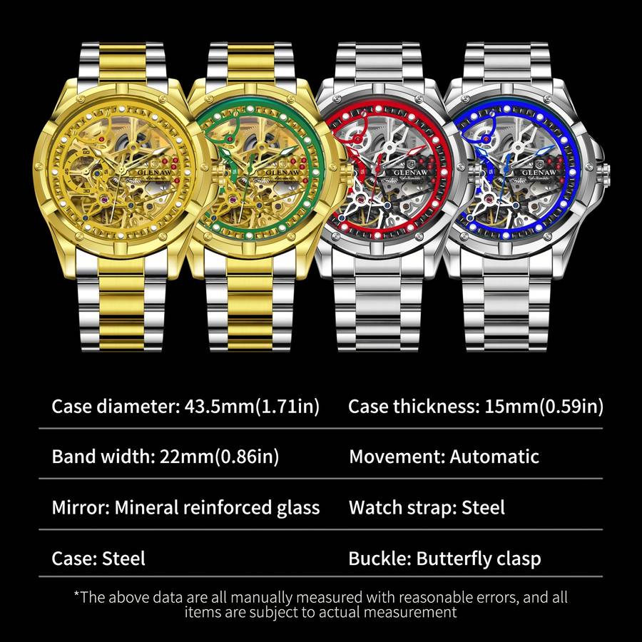 Classic Glenaw Men Automatic Mechanical Watch With Skeleton Self Winding