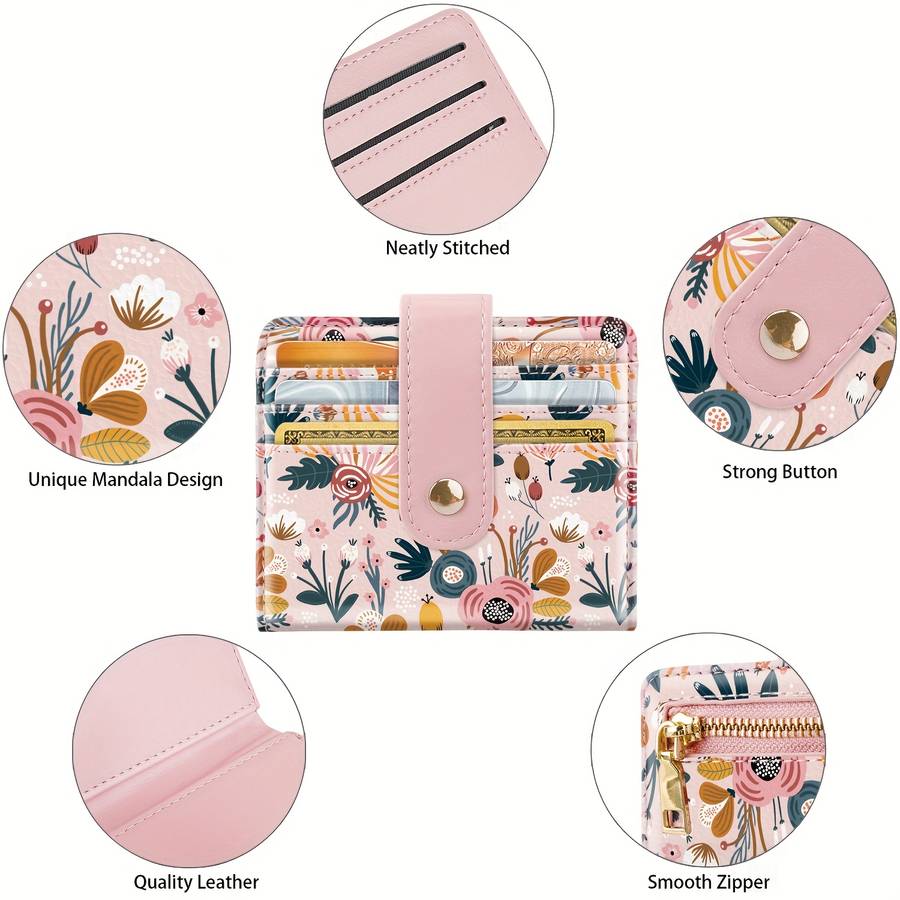 Women'S Compact Bi-Fold Wallet With Floral Print Rfid Blocking Pink Synthetic Faux Leather Ca