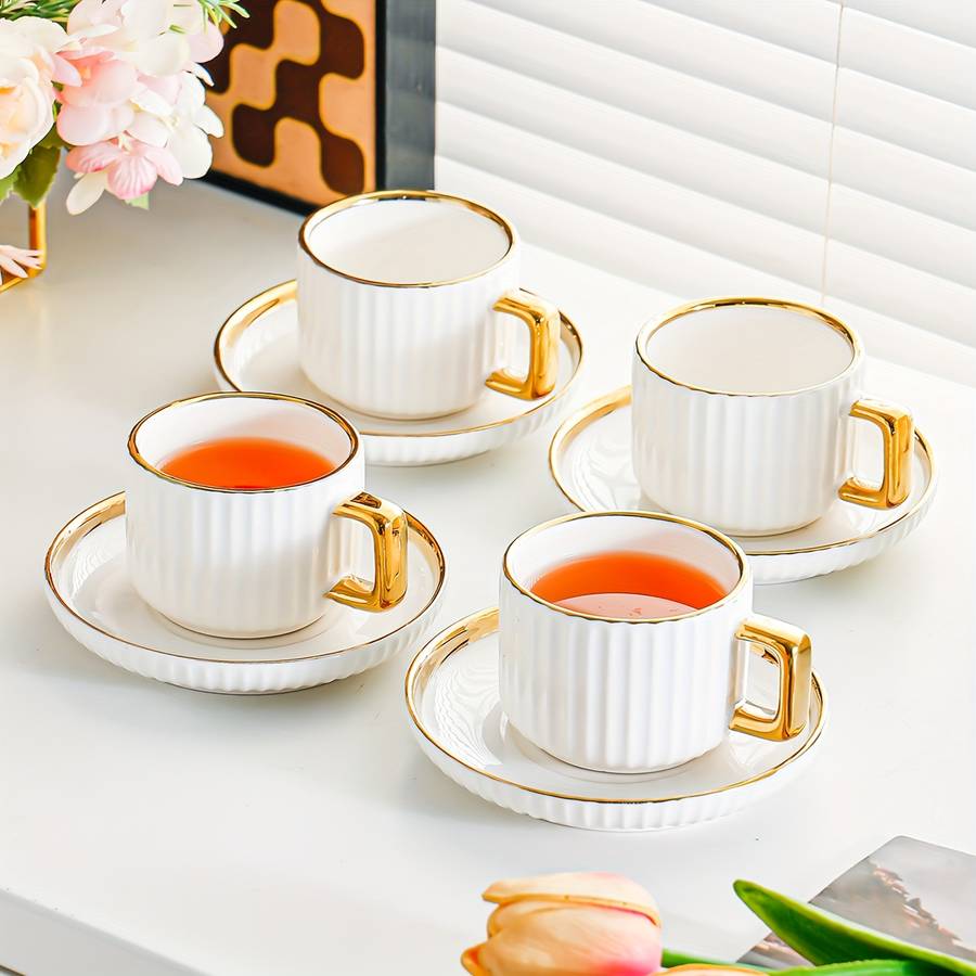 Water Cup Color White Golden Model3001 Ceramic Golden Edge 6 Cups 6 Plates