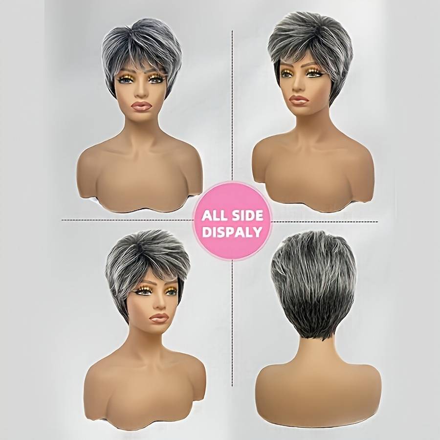Mixed Grey And Black Womens Wigs Hair Length 20.32Cm