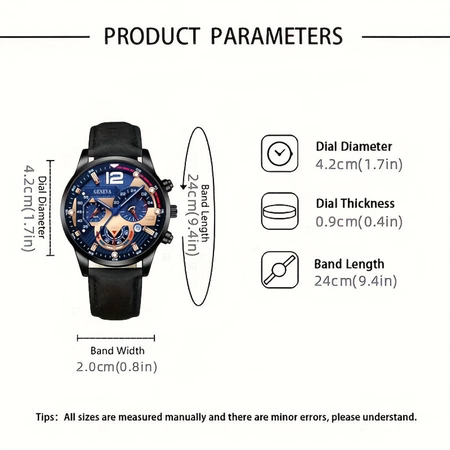 4Pcs Men Luxury Analog Watch Jewelry Suite With Calendar Quartz Movement