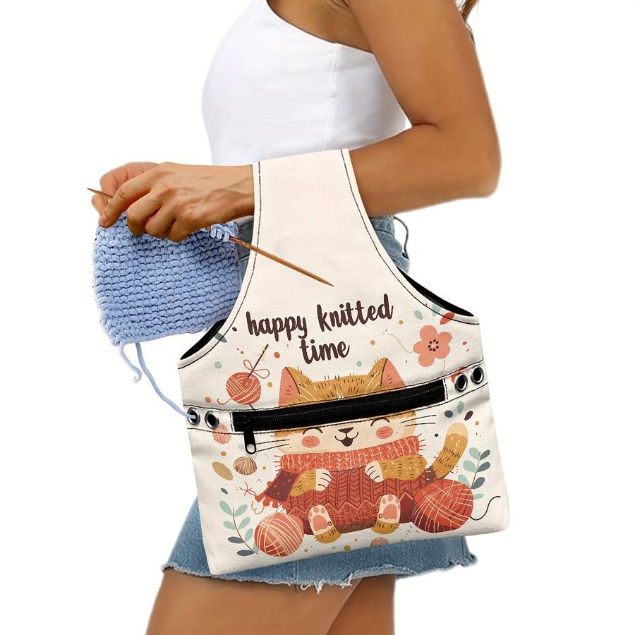 Cute Cat Crochet Yarn Storage Bag Blue