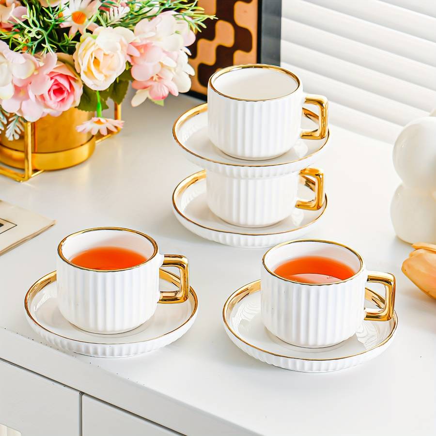 Water Cup Color White Golden Model3001 Ceramic Golden Edge 6 Cups 6 Plates