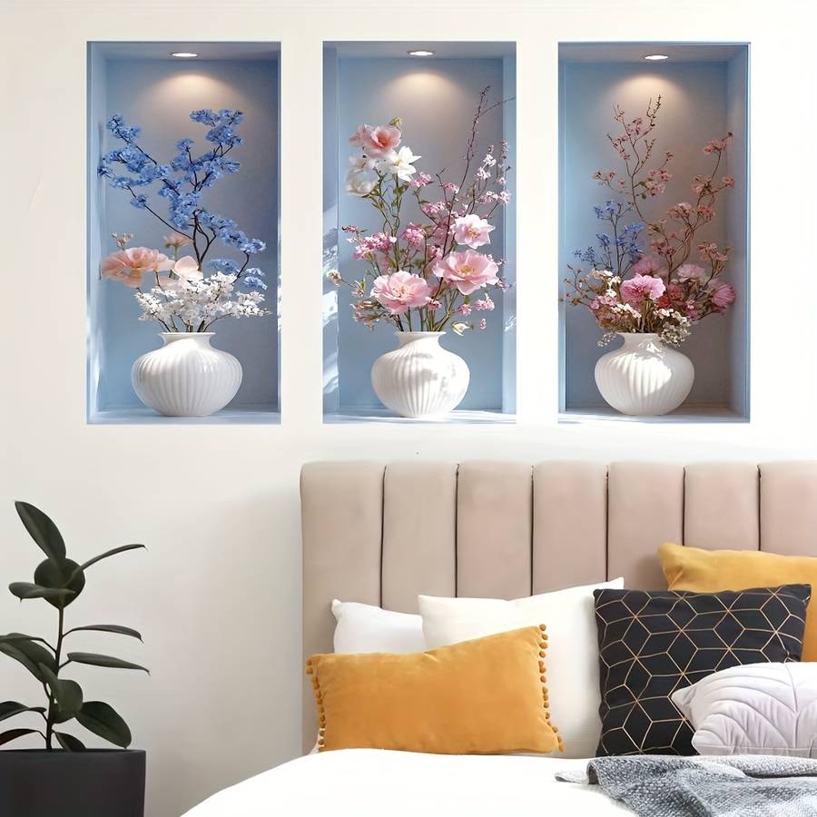 3PCS Industrial Waterproof Floral Vase Wall Decals Modern Minimalist Cherry