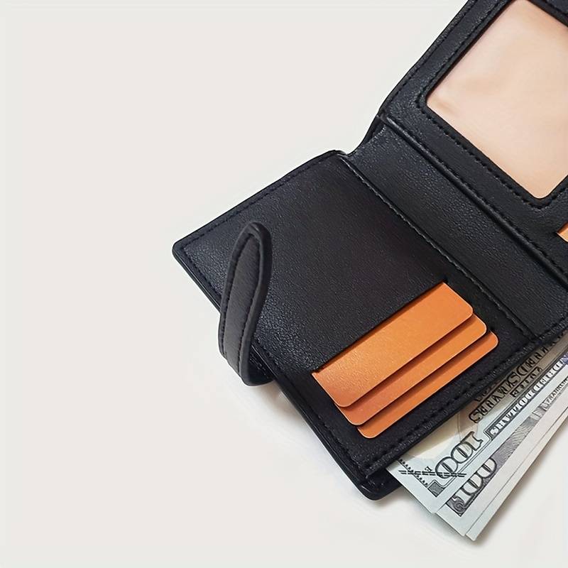 1pc Classic Black PU Wallet for WomenShort Multi-Function Zippered Coin and Card Holder with Pol
