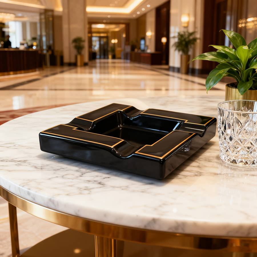 Heavy Duty Luxury Black Golden Ceramic Ashtray With Smoke Slot Design Black