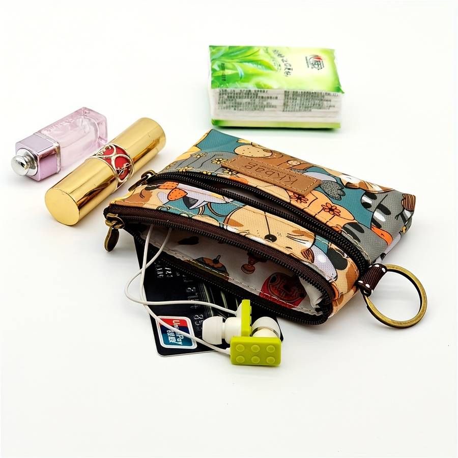 1pc Print Zipper Wallet PurseLightweight Polyester Coin Purse with Multiple Compartments Compac