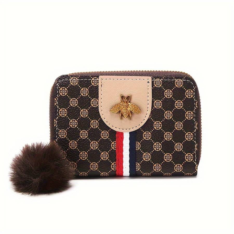 1pc Chic Retro-Inspired Women's Wallet with Honeycomb Print Pompom Accent Multiple Card Slots