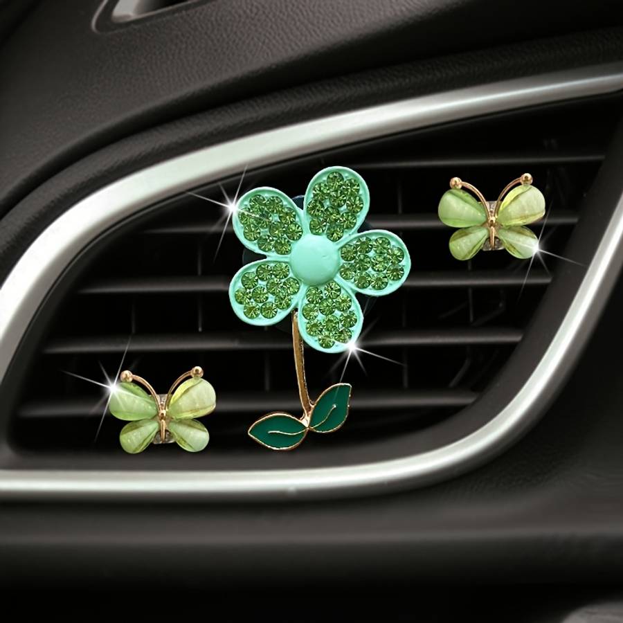 Car Interior Decor Items 3Pcs Green Flower  Add  Two Butterflies
