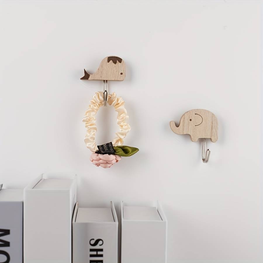 Wooden Animal Wall Self Sticky Hook For Keys Towels Etc color 2pc Elephant