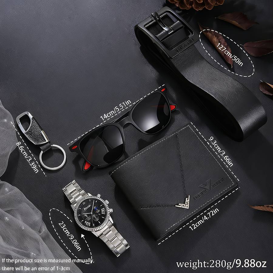 7PCS Mens Setwatch Wallet Belt Keychain Greeting Card Glassesfauxitems Gift Box