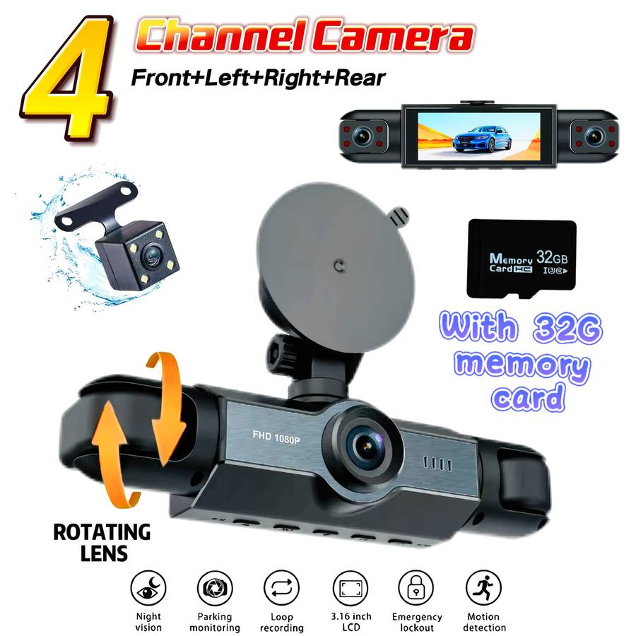 Dashcam Model 4 Cameras Front Rear Left And Right Including 32G Card