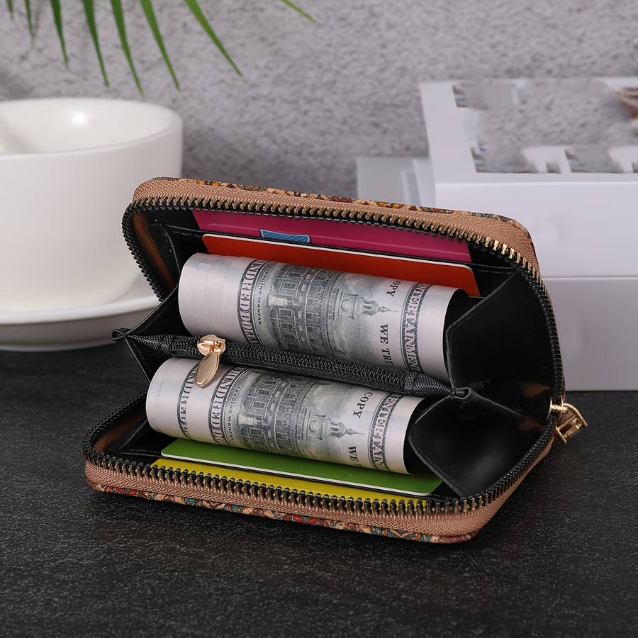 1pc Bohemian Vintage Mini Wallet Floral Pattern Short Cork Coin Purse Ethnic Style Credit Card Ho