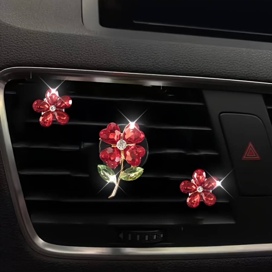 Car Interior Decor Items 3 Pieces Of Bright Red Four Leaf Flower  Add  Two Crystal Flowers