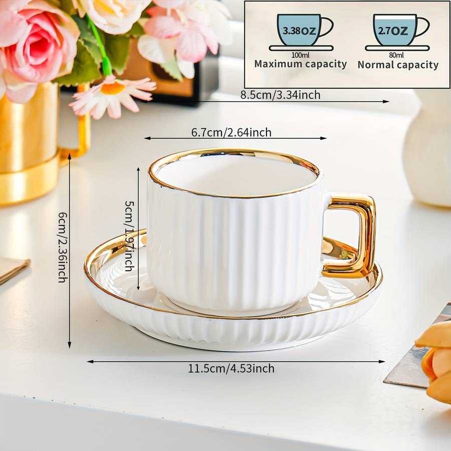 Water Cup Color White Golden Model3001 Ceramic Golden Edge 6 Cups 6 Plates