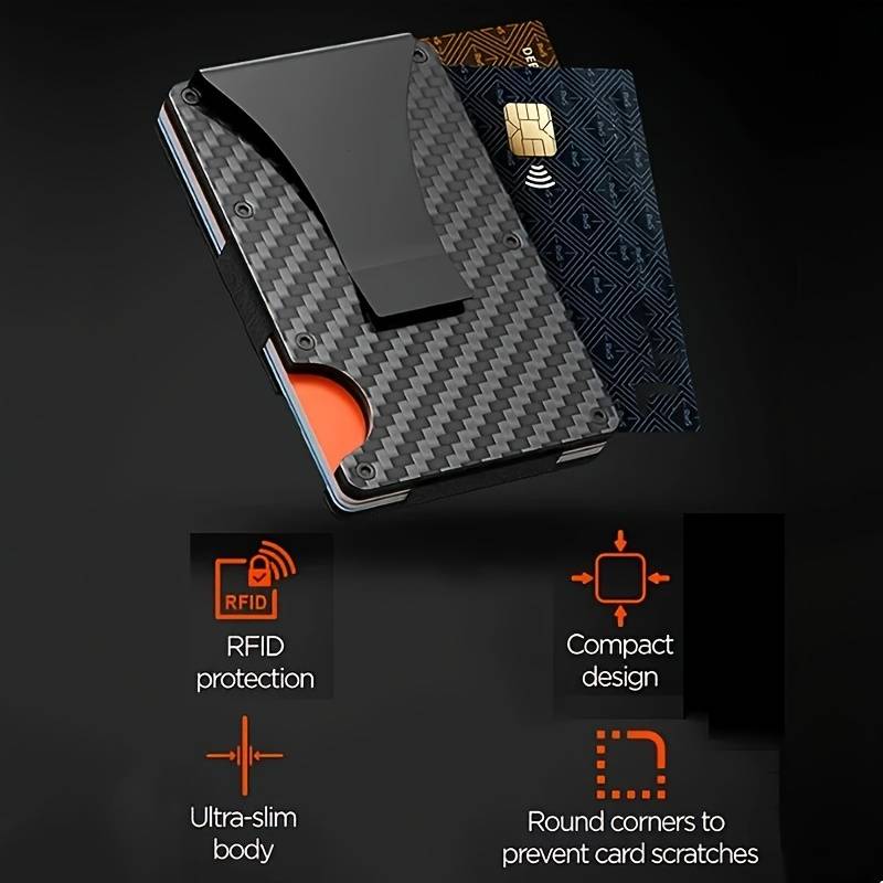 1pc RFID Blocking Slim Metal Wallet for Men Women Casual Style Carbon Fiber Card Holder with Sna