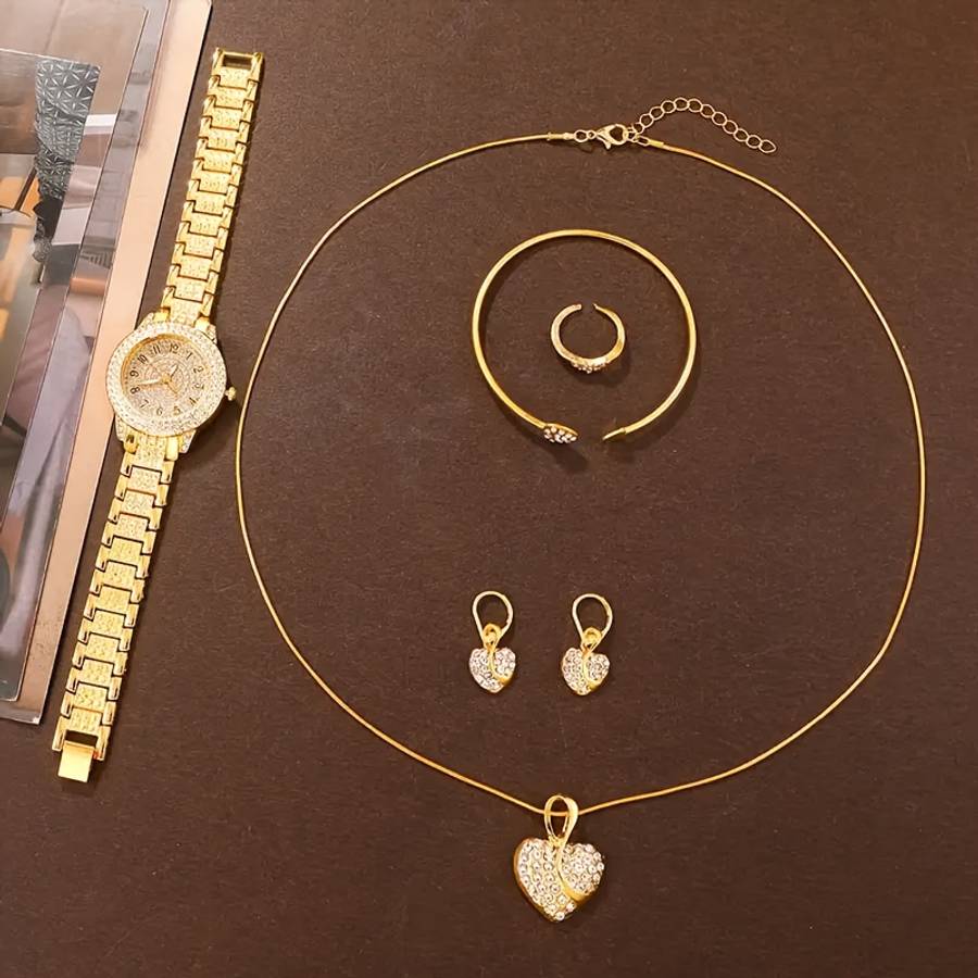 Classic Women Quartz Watch Simple Jewelry 1864 Silvery Set 6 Piece Womens