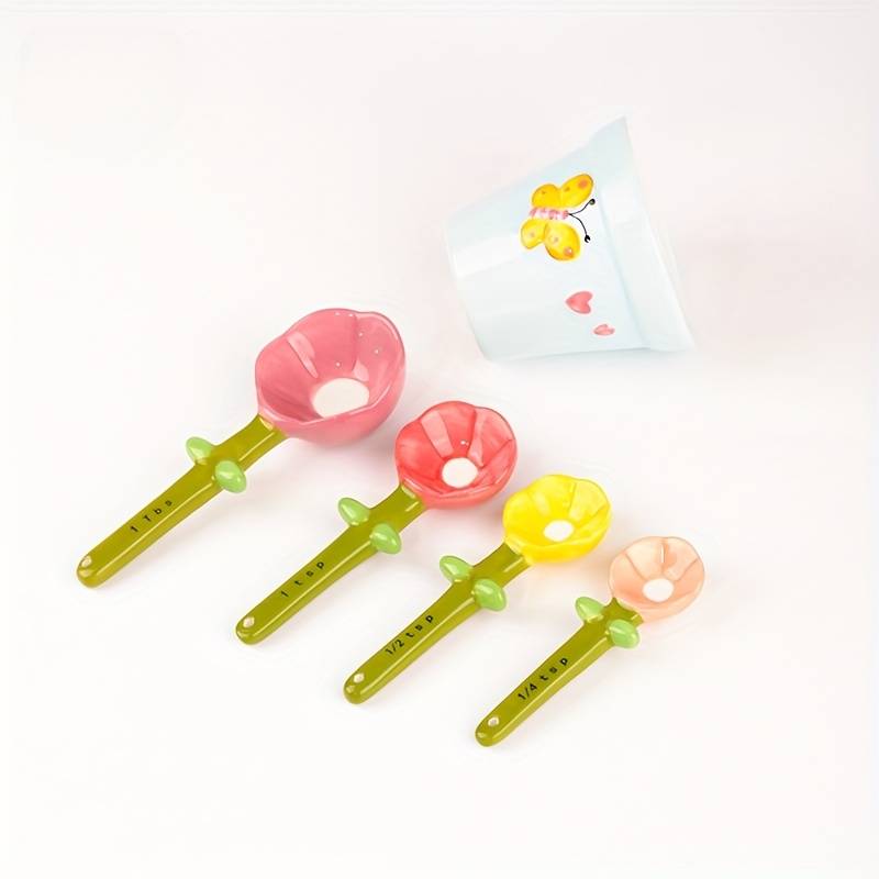1 Set of Flower Spoons with Storage Rack Cute Household Kitchen Ceramic Spoons with Base Kitc