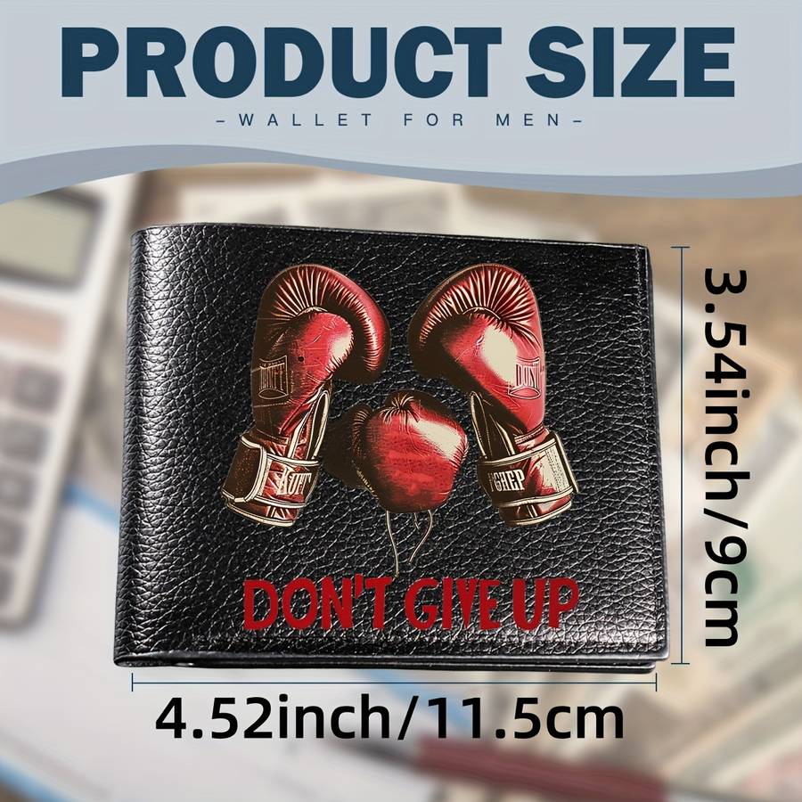 1pc Men's Motivational Boxing Gloves WalletBlack Faux Leather Bifold Design with Card Holder