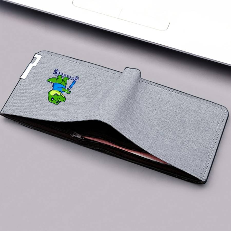 1pc Dinosaur Skateboard Design Canvas WalletCompact Lightweight Multi-Slot Bifold with Sn