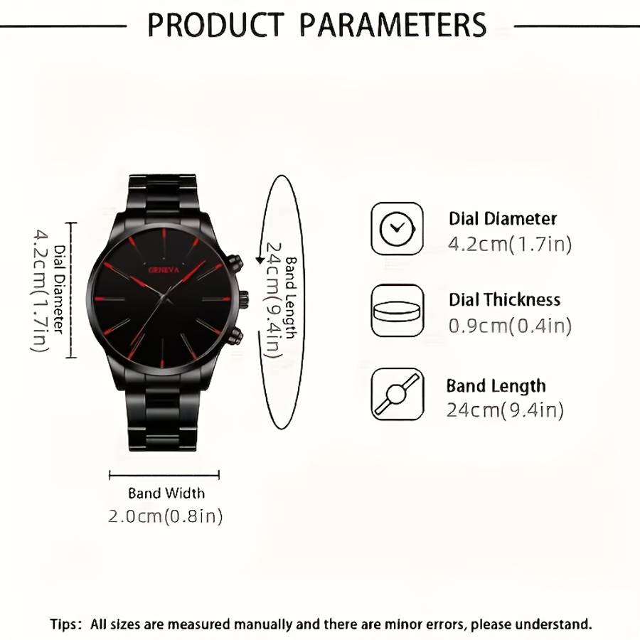 4Pcs Fashion Men Round Quartz Watch Set With Stainless Steel Strap
