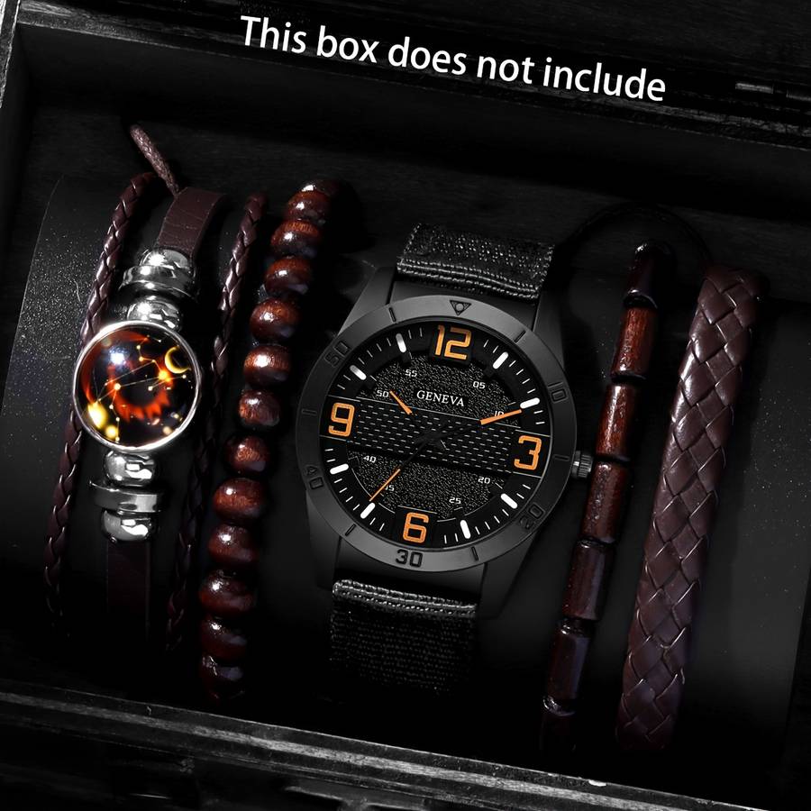 5Pcs Premium Fashion Casual Elegant Round Retro Canvas Strap Quartz Men