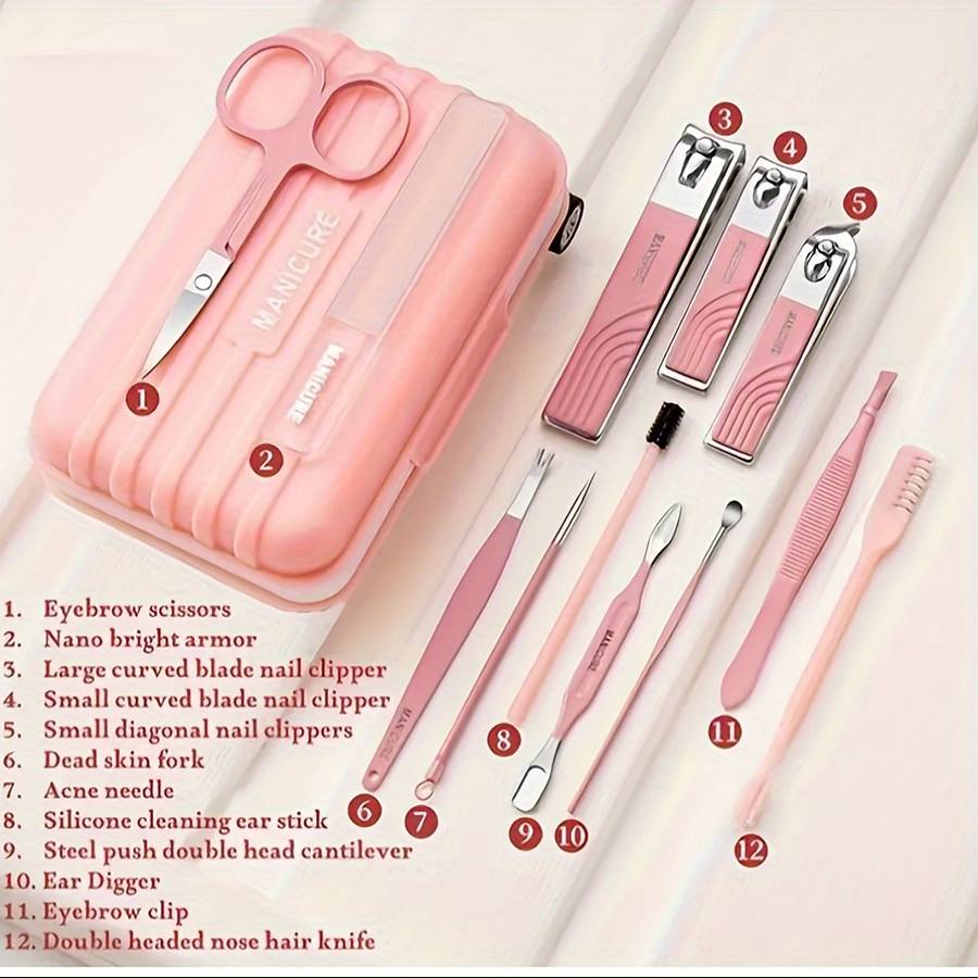 12pcs Set Modern Manicure Travel Kit Portable Trolley Case Nail Set Nail Clippers And Groomin