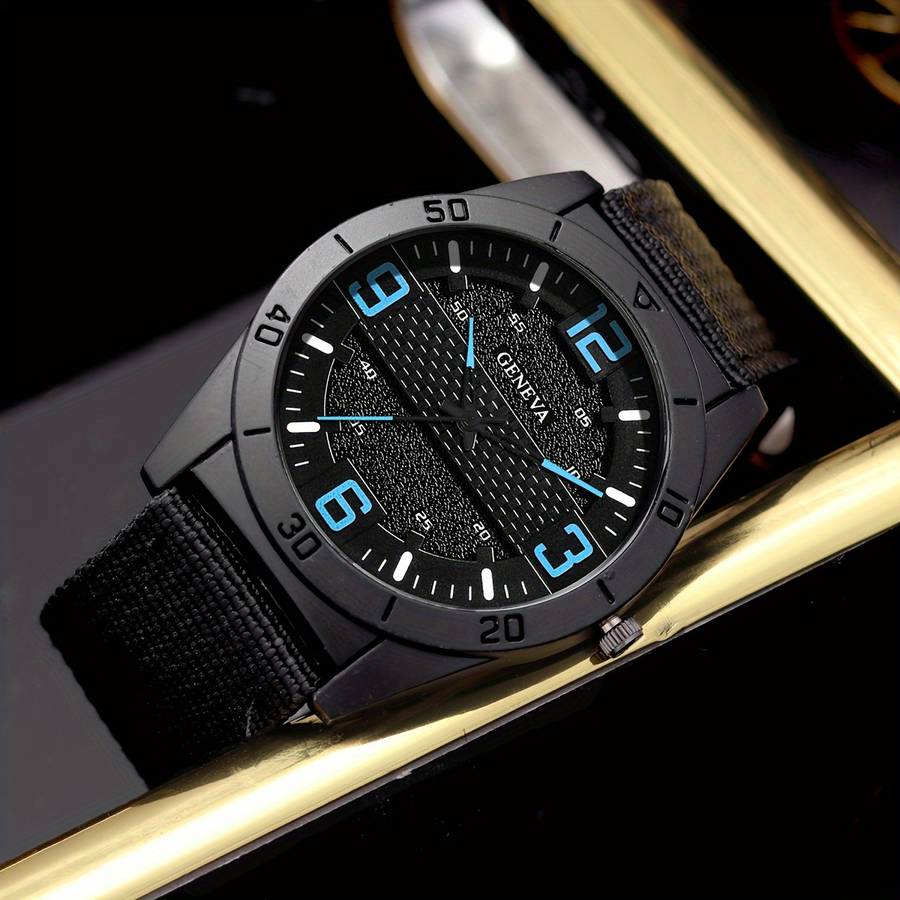 5Pcs Fashion Casual Elegant Round Retro Canvas Strap Quartz Men Watch