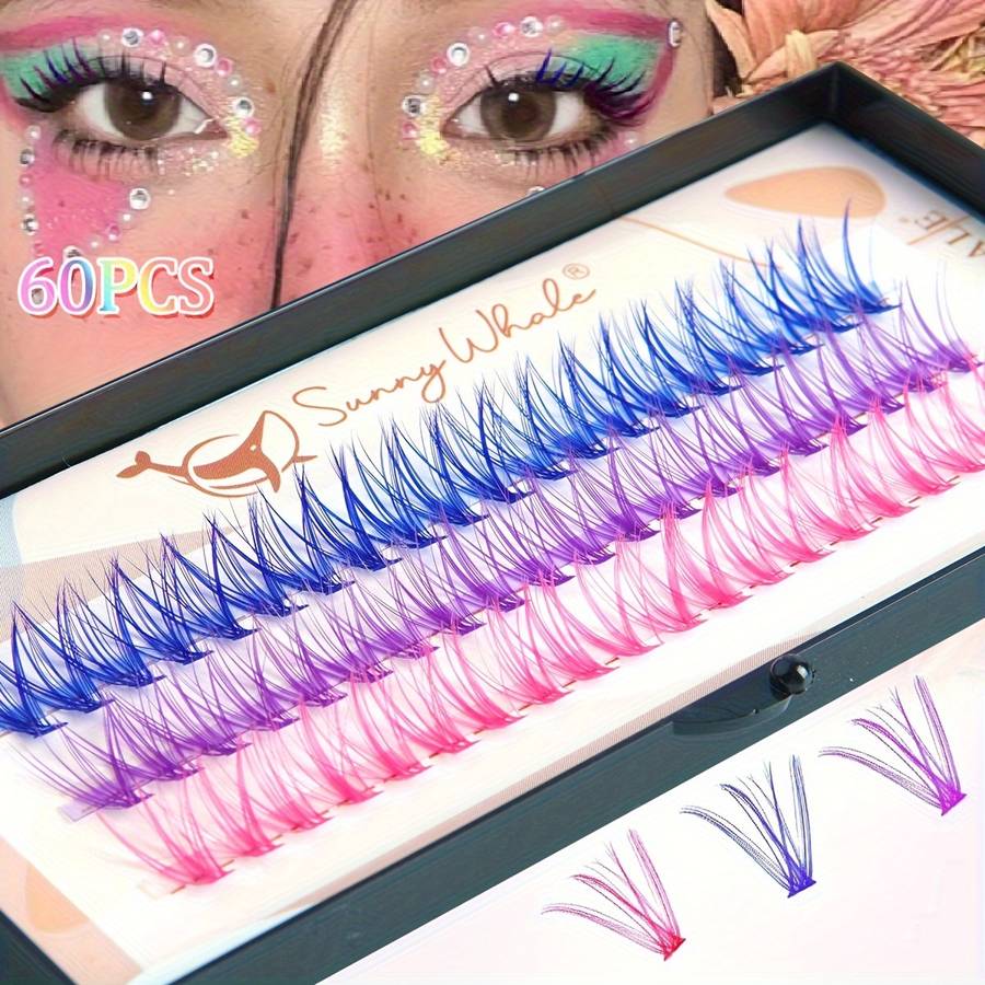 60pcs Natural Colored Individual Lashes Model 20d Blue Add Pink Purple