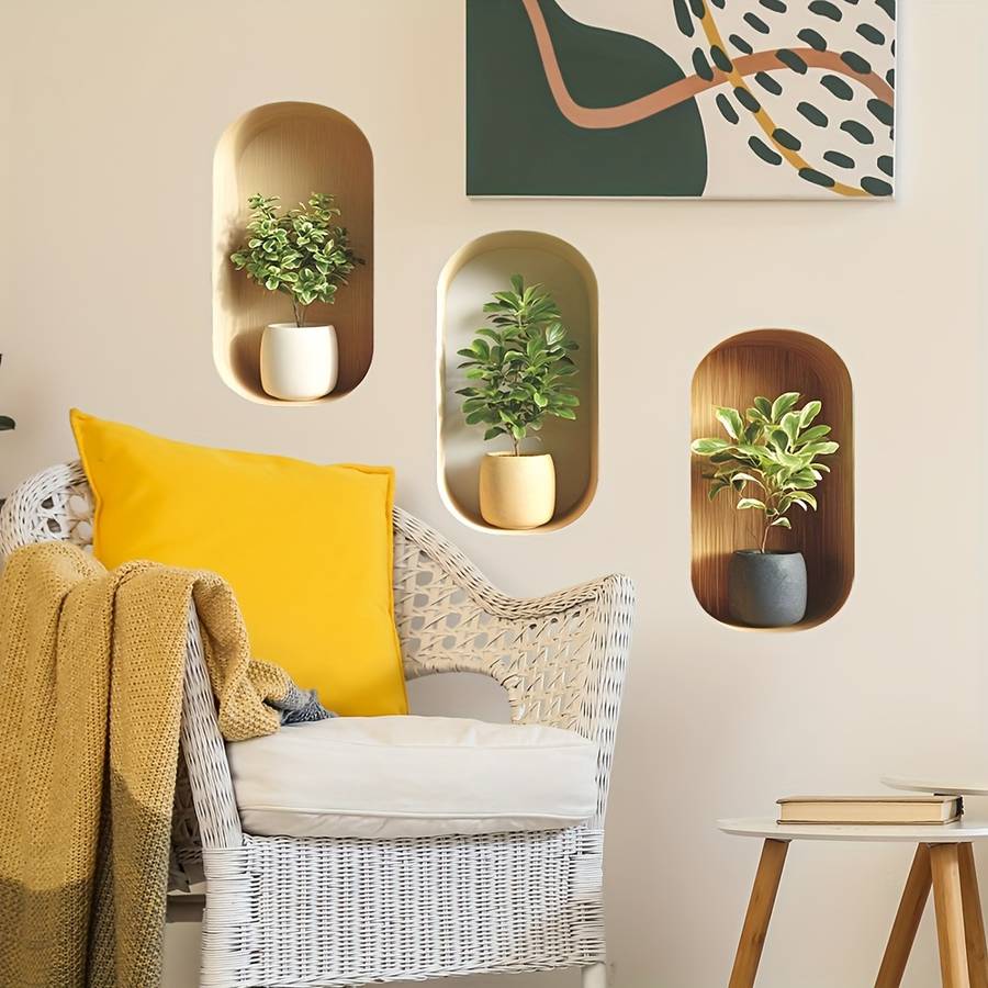 3Pcs Modern Set Wall Stickers High Definition Green Plant Bonsai Interior
