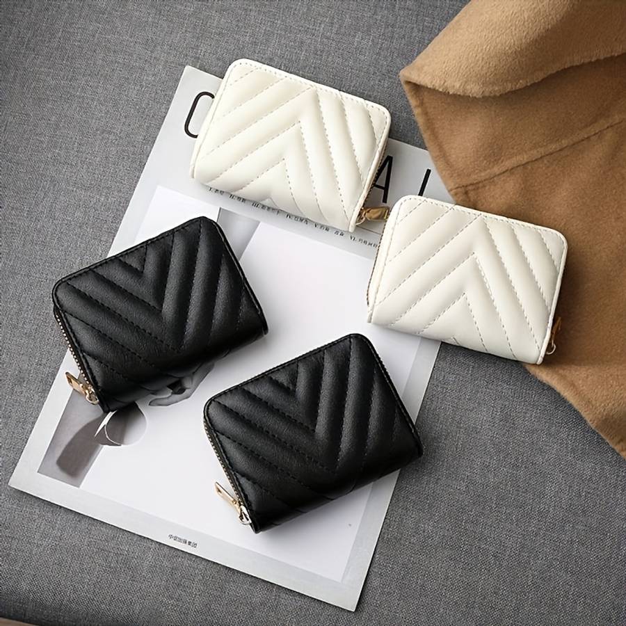 Elegant Black Zipper Wallet With Quilted Designlarge Capacity Multiple Card Slots Coin Poc