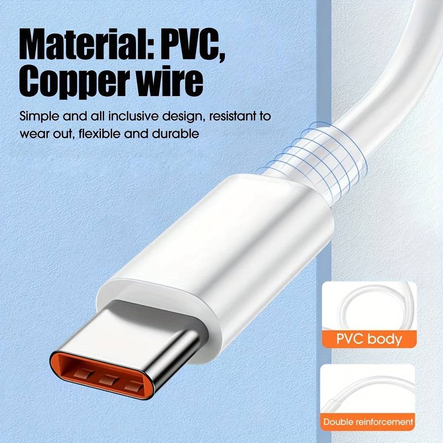 1pc Type-C Data Cable 100cm Round PVC USB Charging Matte Finish 6A Fast Charging 36V >80