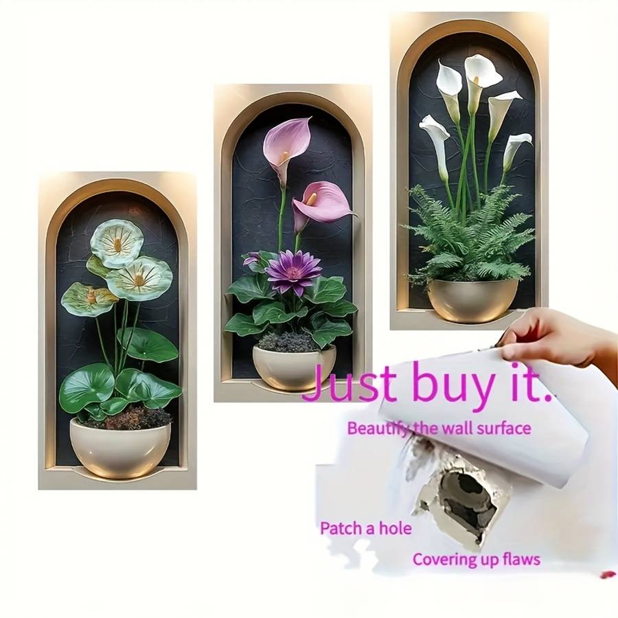 3Pcs Durable Green Plant And Floral Bonsai Art Set Wall Interior Design