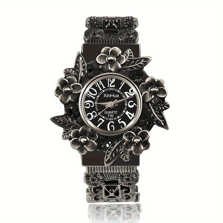 Vintage Women Bracelet Watch 3D Floral Leaf Quartz Wristwatch Black