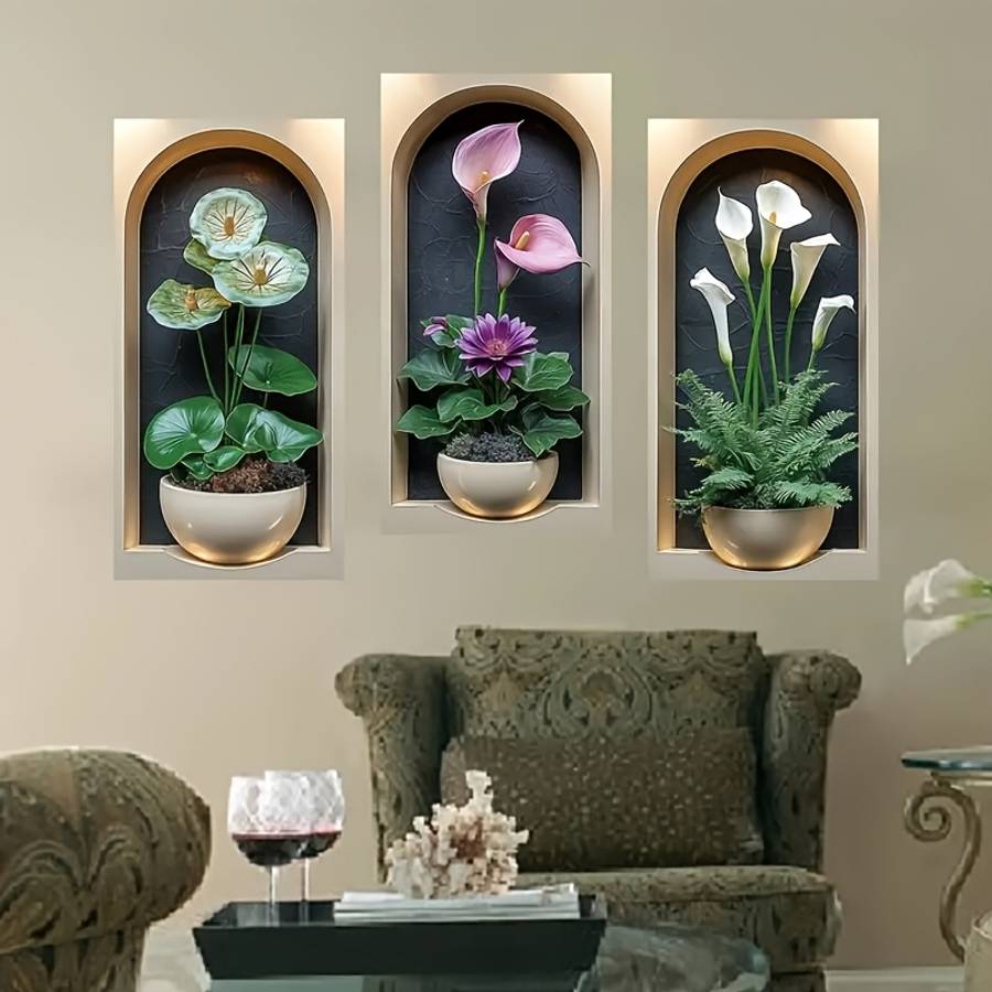 3Pcs Durable Green Plant And Floral Bonsai Art Set Wall Interior Design
