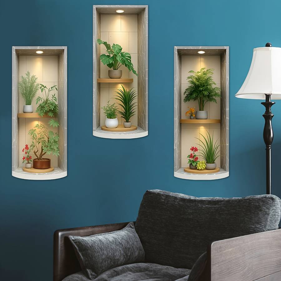 3Pcs Artistic Green Plant Flower Pot Wall Decal Home Fresh For Kitchen