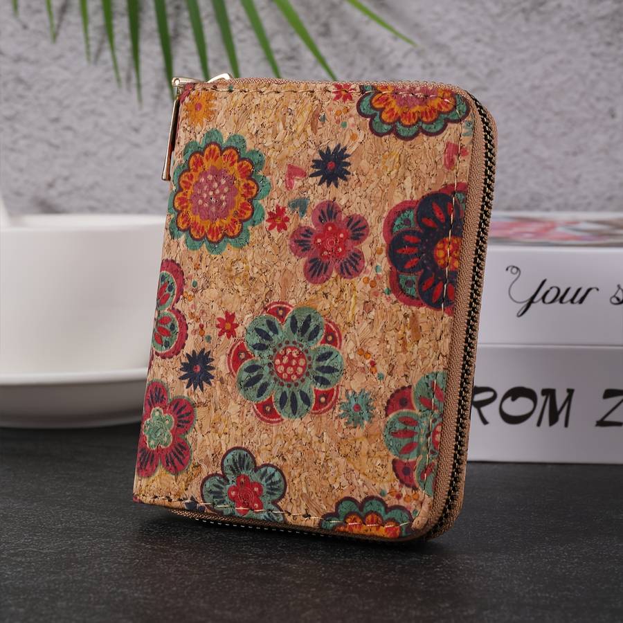 1pc Bohemian Vintage Mini Wallet Floral Pattern Short Cork Coin Purse Ethnic Style Credit Card Ho