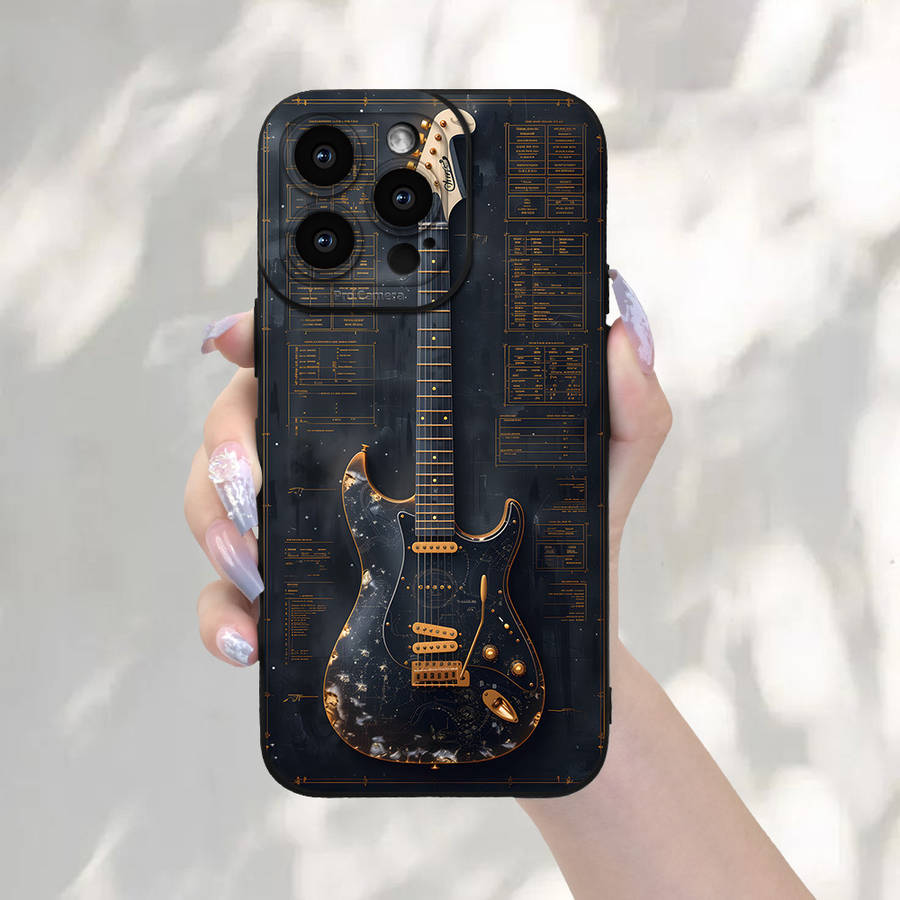 1Pc Black For iPhone 15 Plus Guitar Pattern Phone Case