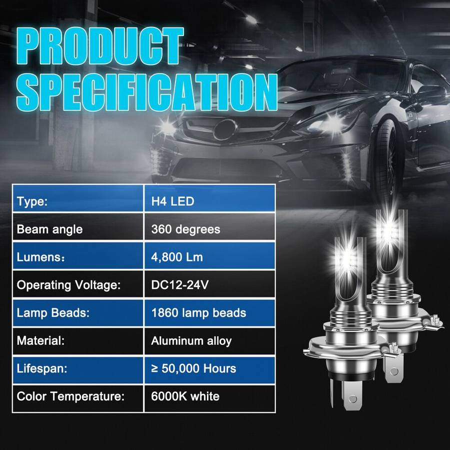 2Pcs H4 9003 HB2 White LED Headlight Fog Lights 16000lm 6000K