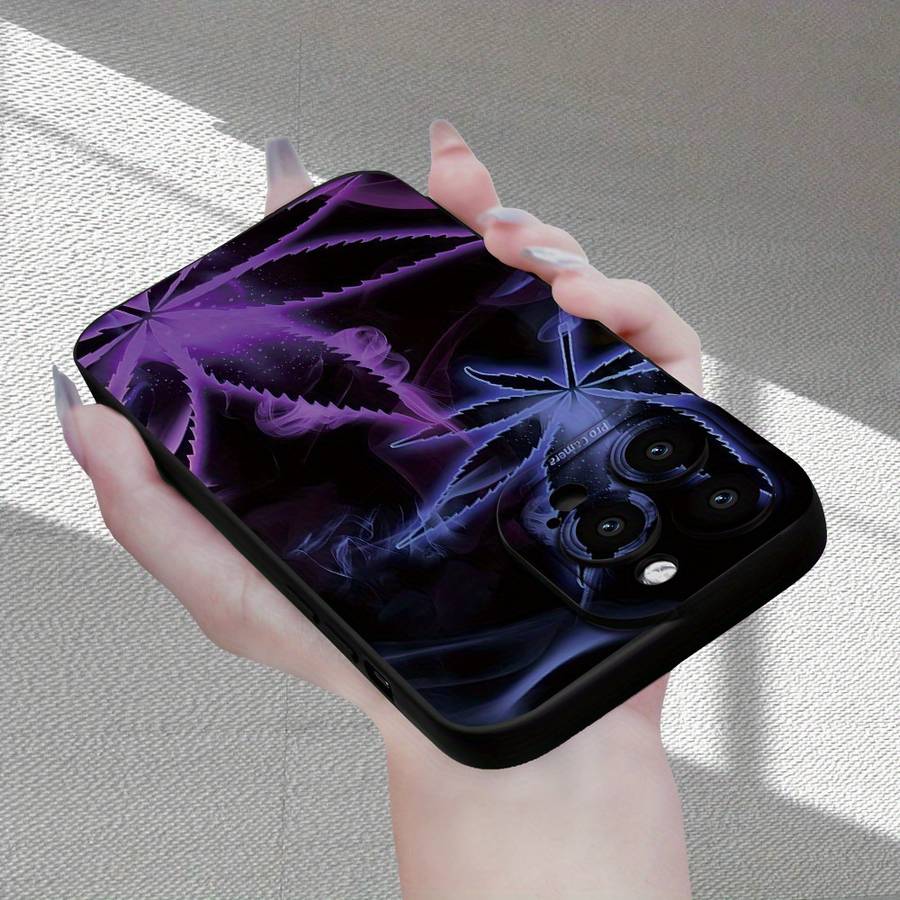 1Pc Black For iPhone 16 Pro Purple Leaf Smoke Pattern Phone Case